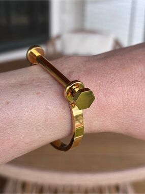 Hex Nut Screw Cuff Bracelet - Gold Women's Jewelry for 6.5” wrists.